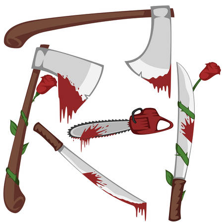 Bloody set of weapons - Variation of bloody axes, machetes and a chainsawのイラスト素材