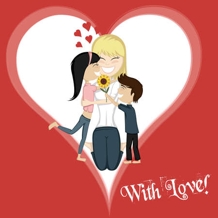 A cute black haired girl and a boy brown Their surprise mom with blonde backgorund.のイラスト素材