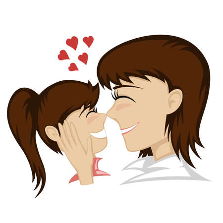 A cute brunette girl and brunette mother's faces (mother caresses).のイラスト素材
