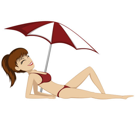 A pretty girl is sunbathing (under a sunshade)のイラスト素材