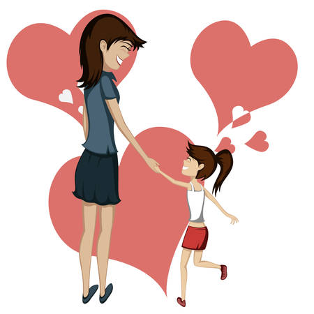 Brunette mom and daughter are holding hands and smiling at each other (hearts in background)のイラスト素材
