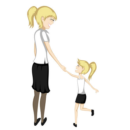 Blonde mom and daughter are holding hands and smiling at each otherのイラスト素材