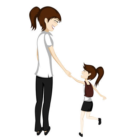 Brunette mom and daughter are holding hands while walking to schoolのイラスト素材