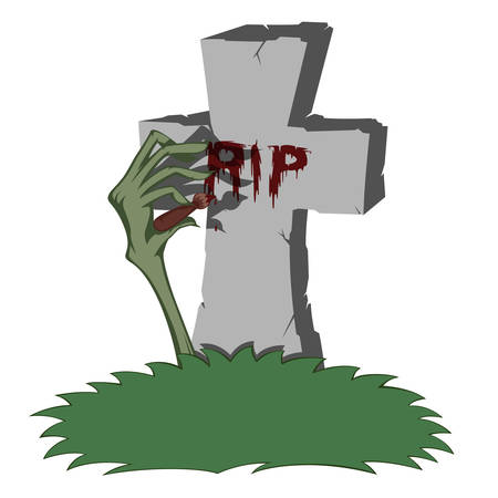 A gray cross-shaped gravestone with grass - scary zombie hand paints "RIP" with bloodのイラスト素材