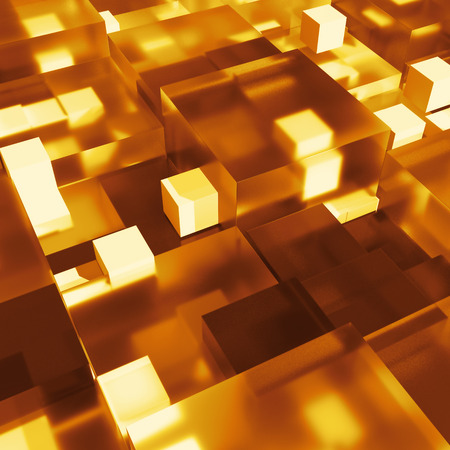 Abstract geometry background. 3D rendered cubes with different size. 3D glass cubes with shadows, reflection, refraction and bright elements.の写真素材