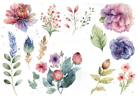 Watercolor flowers set isolated on white background, made with generative aiの素材