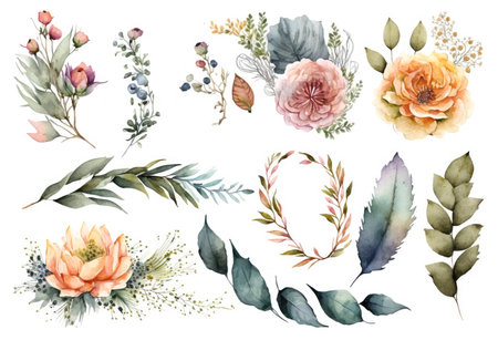 Watercolor flowers set isolated on white background, made with generative aiの素材