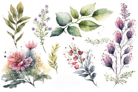 Watercolor flowers set isolated on white background, made with generative aiの素材