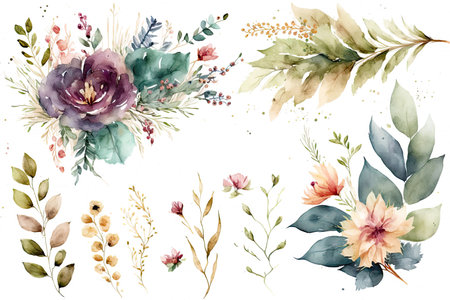Watercolor flowers set isolated on white background, made with generative aiの素材
