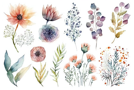 Watercolor flowers set isolated on white background, made with generative aiの素材