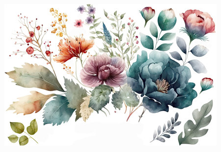 Watercolor flowers set isolated on white background, made with generative aiの素材