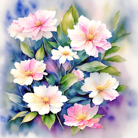 pink watercolor spring flowers, watercolor paint background, floral illustration, ai art, generative artの素材