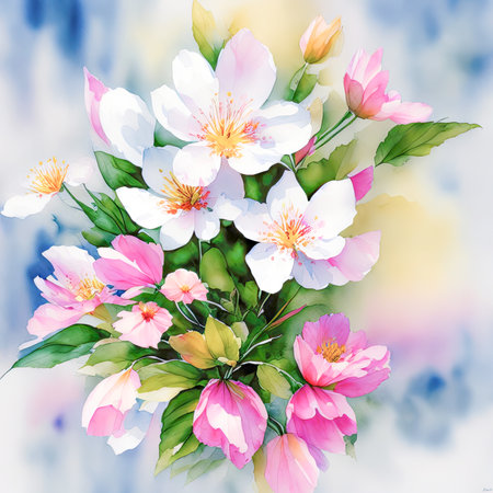pink watercolor spring flowers, watercolor paint background, floral illustration, ai art, generative artの素材