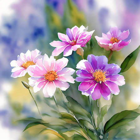 pink watercolor spring flowers, watercolor paint background, floral illustration, ai art, generative artの素材