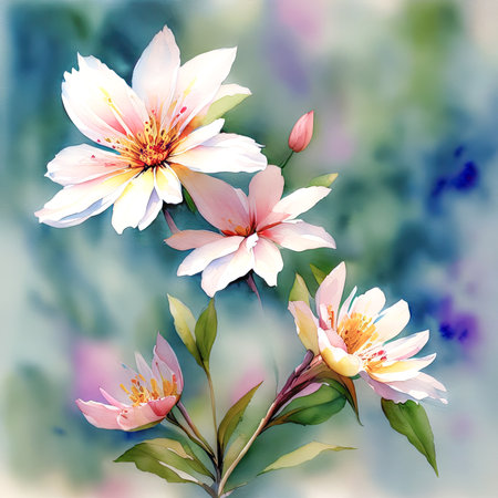 pink watercolor spring flowers, watercolor paint background, floral illustration, ai art, generative artの素材
