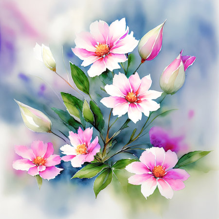 pink watercolor spring flowers, watercolor paint background, floral illustration, ai art, generative artの素材