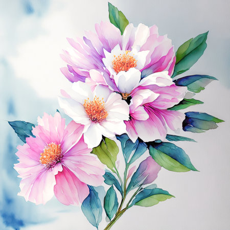 pink watercolor spring flowers, watercolor paint background, floral illustration, ai art, generative artの素材