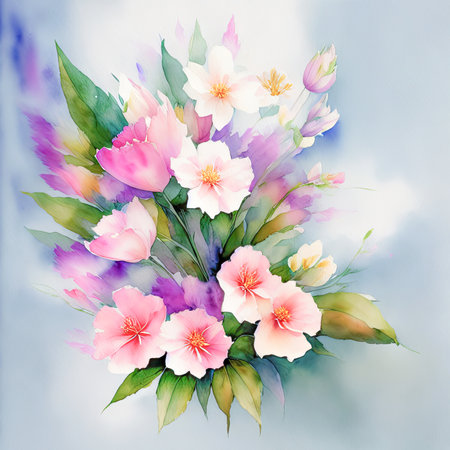 pink watercolor spring flowers, watercolor paint background, floral illustration, ai art, generative artの素材