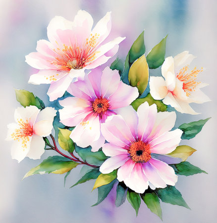 pink watercolor spring flowers, watercolor paint background, floral illustration, ai art, generative artの素材