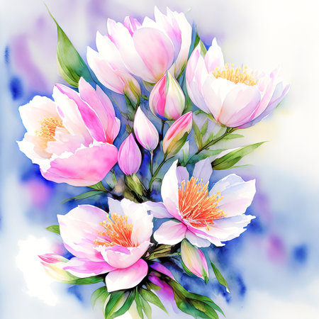 pink watercolor spring flowers, watercolor paint background, floral illustration, ai art, generative artの素材