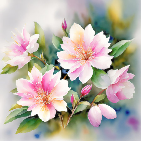 pink watercolor spring flowers, watercolor paint background, floral illustration, ai art, generative artの素材