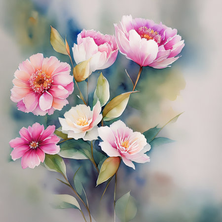 pink watercolor spring flowers, watercolor paint background, floral illustration, ai art, generative artの素材