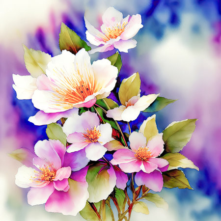 pink watercolor spring flowers, watercolor paint background, floral illustration, ai art, generative artの素材