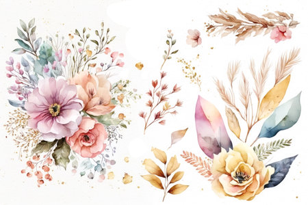 Watercolor flowers set isolated on white background, made with generative aiの素材