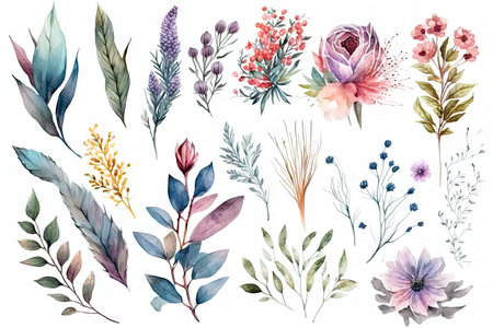 Watercolor flowers set isolated on white background, made with generative aiの素材