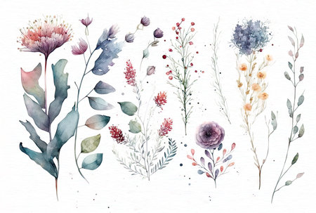 Watercolor flowers set isolated on white background, made with generative aiの素材