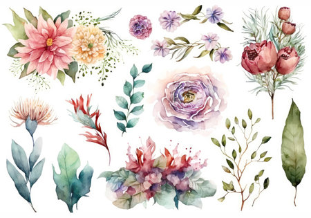 Watercolor flowers set isolated on white background, made with generative aiの素材