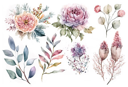 Watercolor flowers set isolated on white background, made with generative aiの素材
