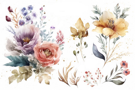 Watercolor flowers set isolated on white background, made with generative aiの素材