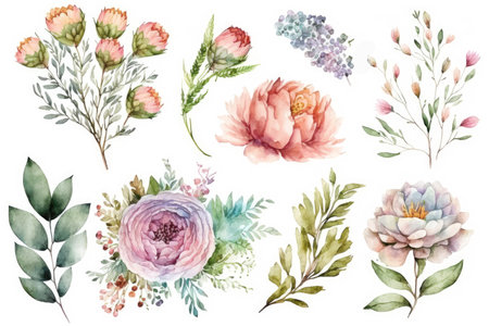 Watercolor flowers set isolated on white background, made with generative aiの素材