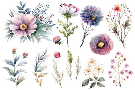 Watercolor flowers set isolated on white background, made with generative aiの素材