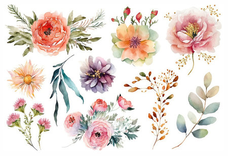 Watercolor flowers set isolated on white background, made with generative aiの素材