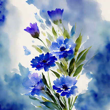 blue flowers, spring illustration on a blue watercolor background, pastel colors, generative aiの素材