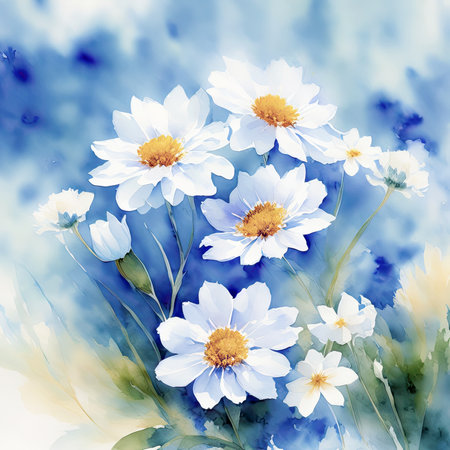blue flowers, spring illustration on a blue watercolor background, pastel colors, generative aiの素材