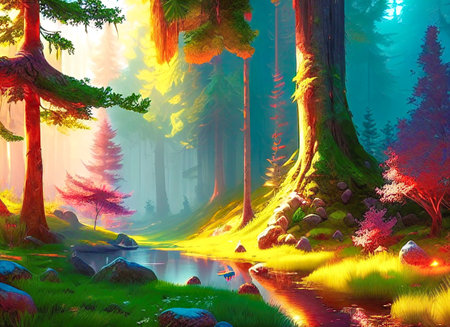 Colorful fantasy forest, backdrop for games, 2d illustration made with Generative Ai, 2d, game AI art, forest full of light, fairy taleの素材