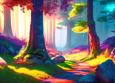 Colorful fantasy forest, backdrop for games, 2d illustration made with Generative Ai, 2d, game AI art, forest full of light, fairy taleの素材