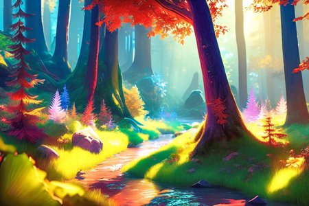Colorful fantasy forest, backdrop for games, 2d illustration made with Generative Ai, 2d, game AI art, forest full of light, fairy taleの素材