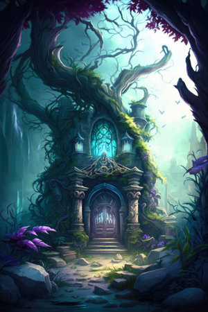 Cartoon fantasy landscape with empty space. Game background for TCG. Fantasy, casual, colorful digital art made with Generative AI, Ai artの素材