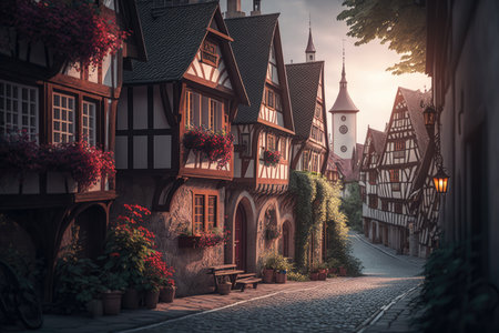 Morning in medieval city, golden hour, light rays, sunset. Made with Generative Ai, ai artの素材