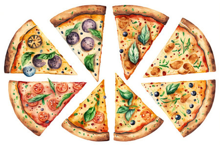 Watercolor pizza with salami and cheese, set of pizza isolated on white, food illustration made with Generative AI, Ai artの素材