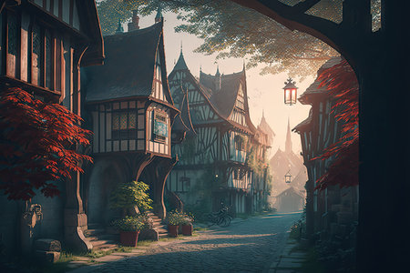 Morning in medieval city, golden hour, light rays, sunset. Made with Generative Ai, ai artの素材