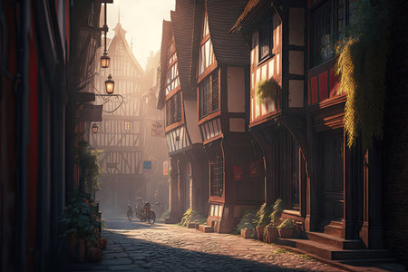 Morning in medieval city, golden hour, light rays, sunset. Made with Generative Ai, ai artの素材