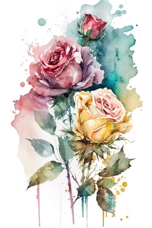 Roses and leaves, watercolor flowers isolated on white background, wedding invitaiton card design made with Generative AI, Ai artの素材