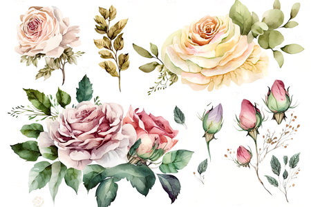 Roses and leaves, watercolor flowers isolated on white background, wedding invitaiton card design made with Generative AI, Ai artの素材