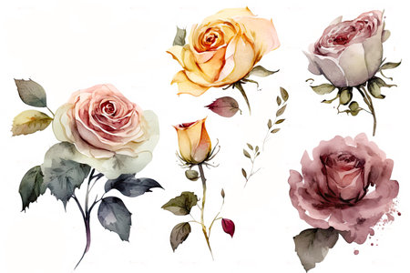 Roses and leaves, watercolor flowers isolated on white background, wedding invitaiton card design made with Generative AI, Ai artの素材