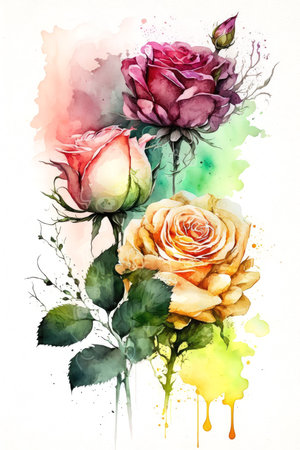 Roses and leaves, watercolor flowers isolated on white background, wedding invitaiton card design made with Generative AI, Ai artの素材